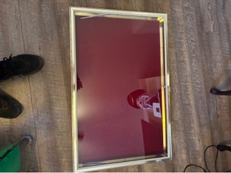 glass-topped display case or shadow box featuring a gold metal frame and a red felt-lined interior.