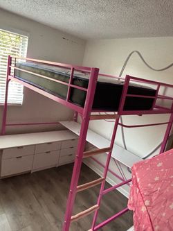 Pink Metal Loft Bed Frame with Ladder