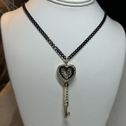 Floating Charm Heart Key Locket with Crown, Heart and Slipper Rhinestone Charms and SS Chain