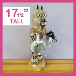Grey Wolf Kachina Doll 17" Southwestern Navajo Vintage Signed BB Wood Feathers