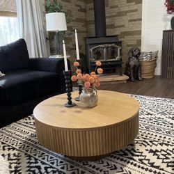 Round Coffee Table, 35" Modern Handcraft Relief Wood Coffee Table Circle Drum Side Table Accent End Table Center Table for Living Room