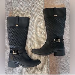 Black & Gold Faux Leather Diamond Stitch Pattern Knee-High Block Heel Boots