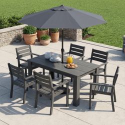 SERWALL Outdoor Dining Set | Dark Gray 31” x 59” Rectangle Table + 6 Chairs | HDPE All-Weather Patio Set | Built-in Umbrella Hole | Brand New $450 C83