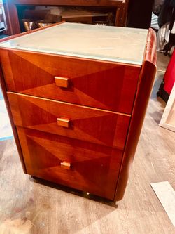 Stunning post modern vintage geometric diamond-veneer rolling nightstand t
