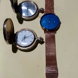 2 Pocket Watches And a Wristwatch