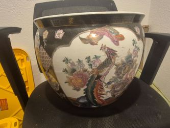 Large Asian Porcelain Fish Bowl Planter