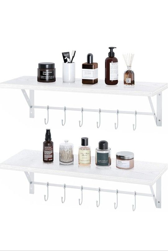 GREENSTELL Floating Shelves Wall Mounted Set of 2, Wall Shelves with 2 Towel Holders & 12 Hooks