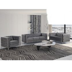 Grey Velvet 3 Piece Sofa Set Sofa Loveseat & Chair Brand New In Box Button Tufted Nailhead Trim Accent Chrome Legs Firm Price $1,400