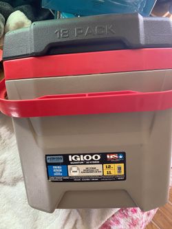 Igloo Cooler 🔴🔵🟡12 Quarts (11 Liters), holding approximately 18 cans.