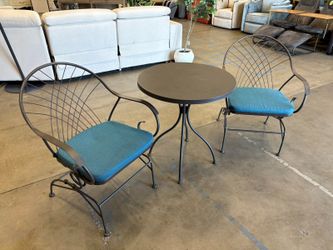 Grey Steel Outdoor Bistro Set with Teal Water Resistant Olefin Cushions