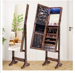 Standing Jewelry Cabinet with Lights, Rustic Brown