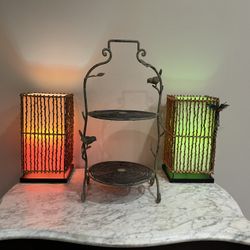 Vintage Wicker 2-Tiered Iron Stand Serving Tray Plant Stand Bird & Branch Motif ✅EXTREMELY RARE ✅READ DESCRIPTION 