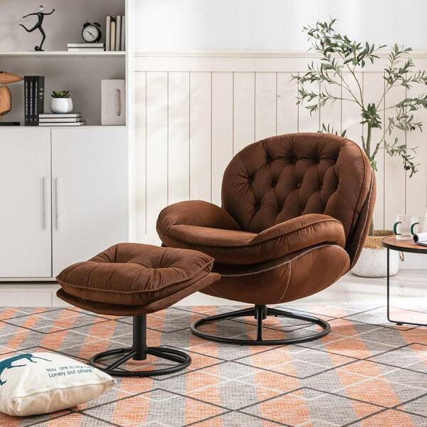 Brown Velvet Swivel and Tufted Barrel Chair with Ottoman Set