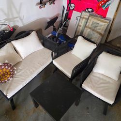 Outdoor Patio 4 Piece Set, Chairs And Table Black Wicker Rattan