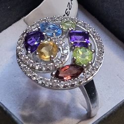 Brand New Genuine Multi Gemstone Ring in .925 Sterling Silver. Size 7.