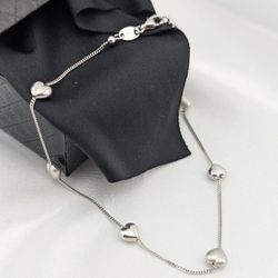 14K White Gold Puffed Heart Anklet Signed AURAFIN 9"