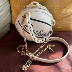 Chain Handle Basketball Shoulder Bag Mini White Purse W/zipper Closure 