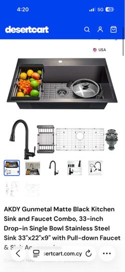 AKDY Gunmetal Matte Black Kitchen Sink and Faucet Combo, 33-inch Drop-in Single Bowl Stainless Steel Sink 33"x22"x9" with Pull-down Faucet & Sink Acce