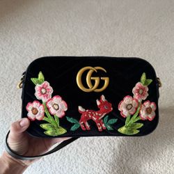 Authentic Gucci Embroidered Bambi Velvet Crossbody Bag