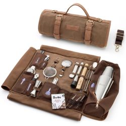 Barillio Bartender Kit Bag with Cocktail Shaker Set - Waxed Canvas, Traveling Bar Tools Bag with 17-Pc Cocktail Kit - Travel Mixology Bartending Kits 