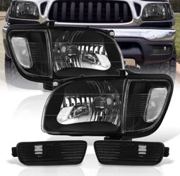 2001 - 2004 Toyota Tacoma Factory Style Headlights + Corners Black Housing Clear Len Clear Reflector + Bumper Fogs