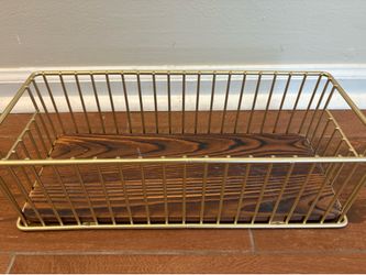 Brass metal wire basket with wood base
