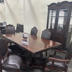 Brand New Formal Double Pedestal Cherry Brown Wood Elegant Dining Set 