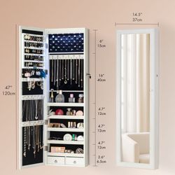 47" Mirror Jewelry Cabinet Armoire 6 LED , Large Full Length Jewelry Organizer Storage, Wall-Mounted Door-Hanging , Dove White, Lock Key