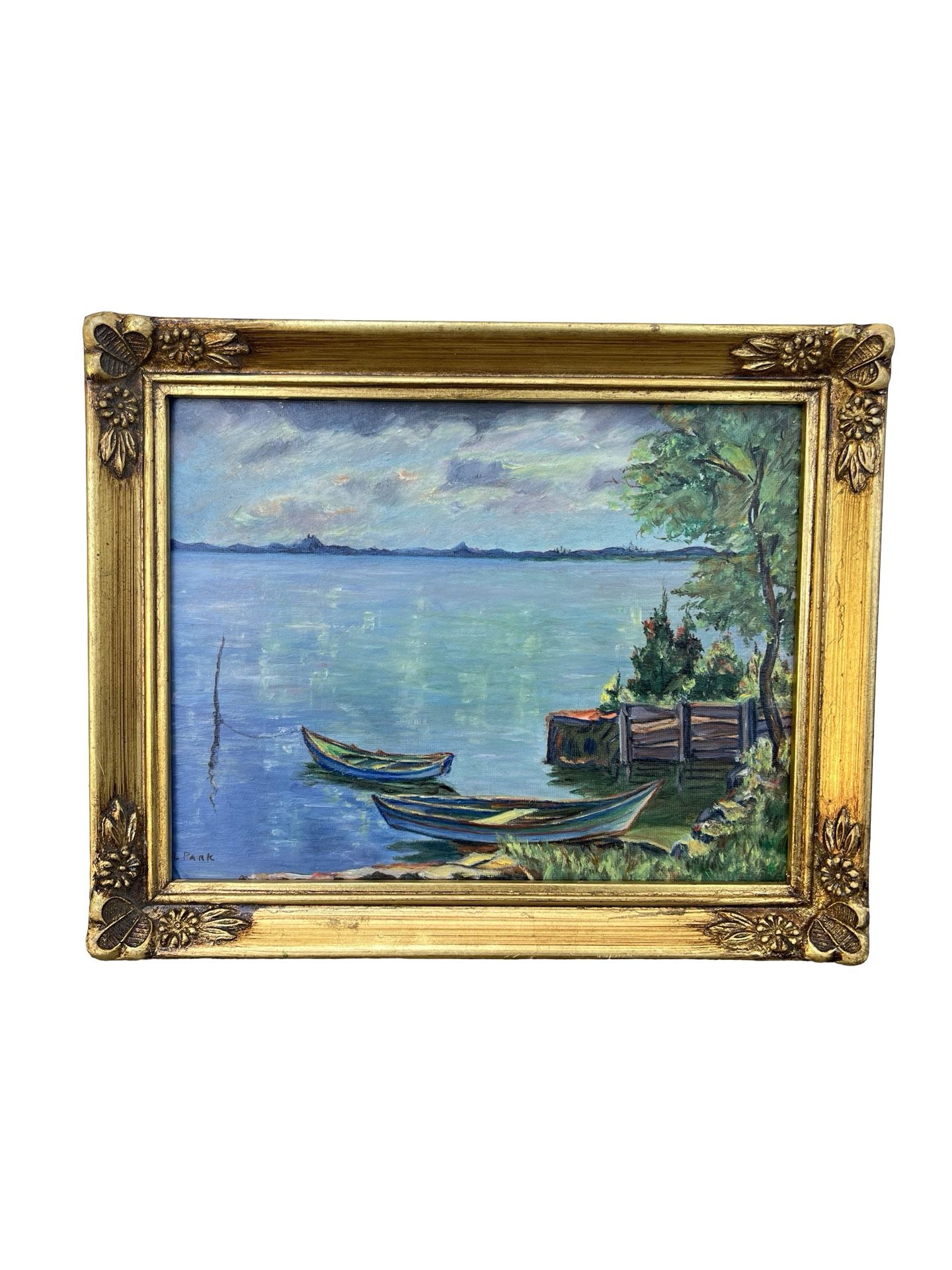 Original Painting Sailboat Ocean Lake Boat Dock Abstract Art Signed Gold Framed