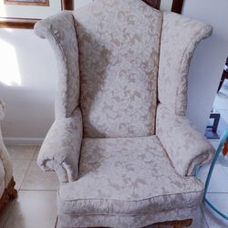 Beige Wingback Chair With Wooden Legs 