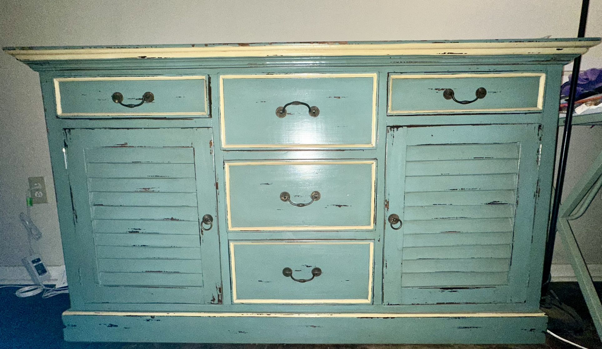 Distressed Solid Wood Teal Sideboard