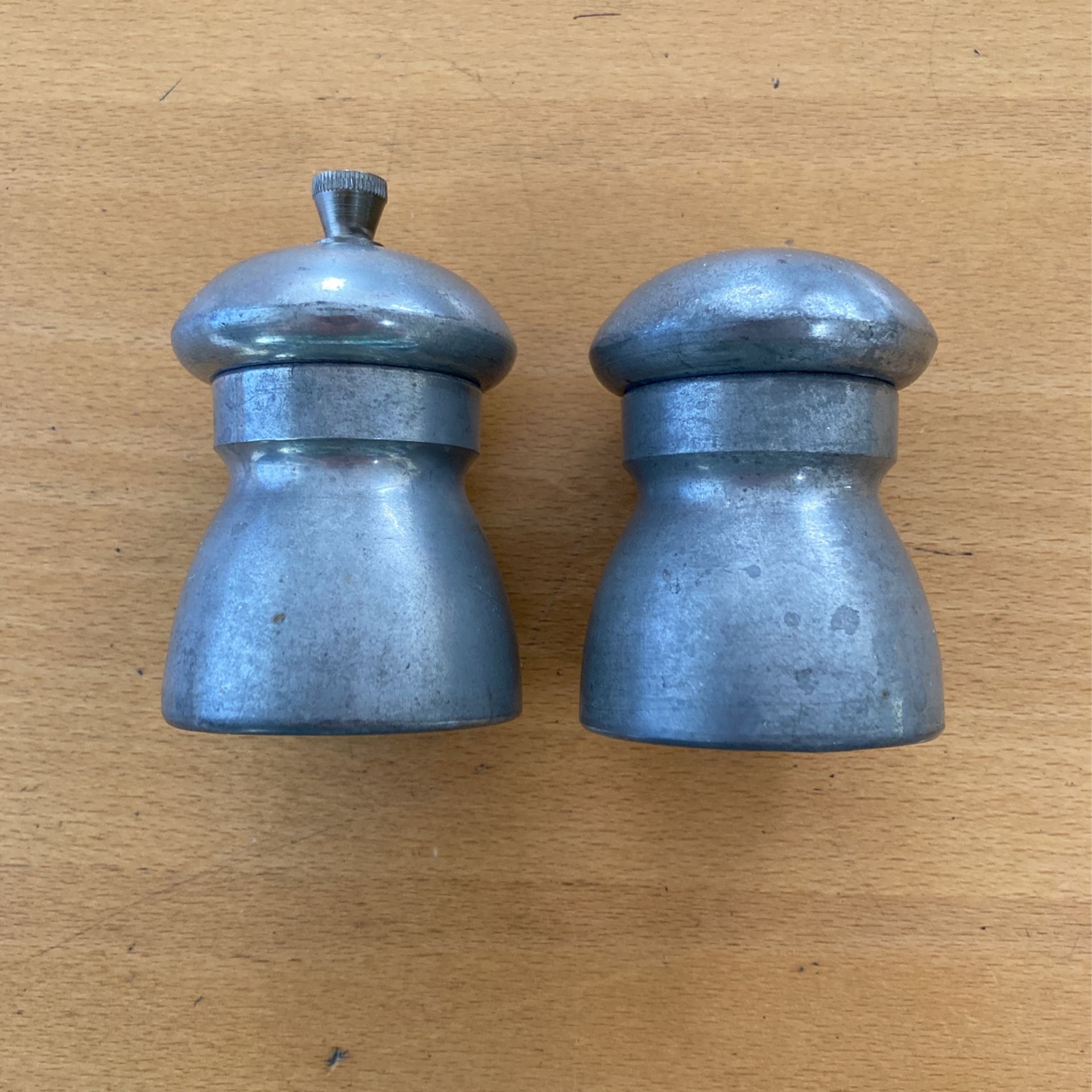 Antique / Mid Century Italian Pewter Salt Shaker & Pepper Mill By EALES 1779
