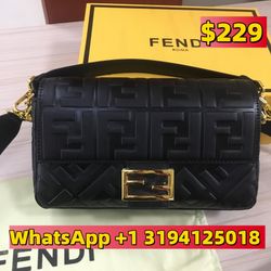 Fendi Baguette Black FF Leather Bag 