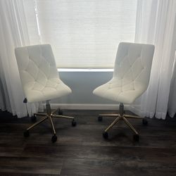 Two White Office/vanity Chairs, tufted  With Gold Legs