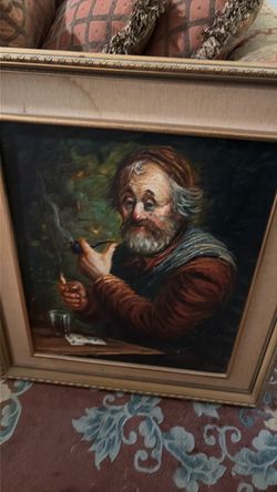 Framed Oil Painting of Old Man with Pipe