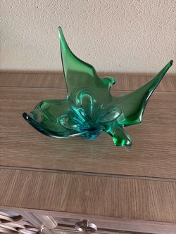 Heavy Green Art Glass Manta Ray Sculpture