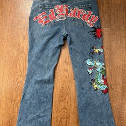 Ed Hardy Embroidered Dragon Jeans Women’s Size 34 Low Rise Boot Cut Painted Y2K