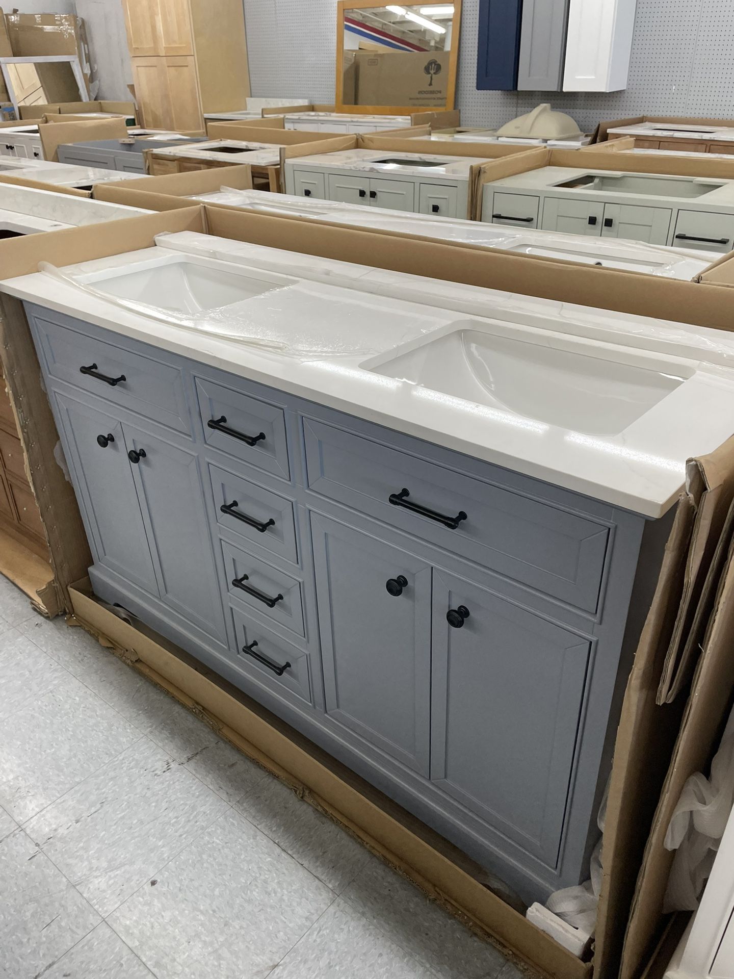 Bathroom vanity cabinet 60” solid Oak Quartz top with sinks and backsplash 