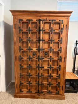 Massive Solid Teak Armoire / Cabinet – Handcrafted Iron Hardware