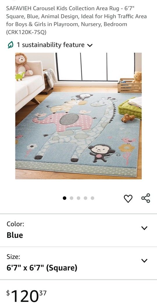 SAFAVIEH Carousel Kids Collection Area Rug - 6'7" Square, Blue, Animal Design, Ideal for High Traffic Area for Boys & Girls in Playroom, Nursery, Bedr