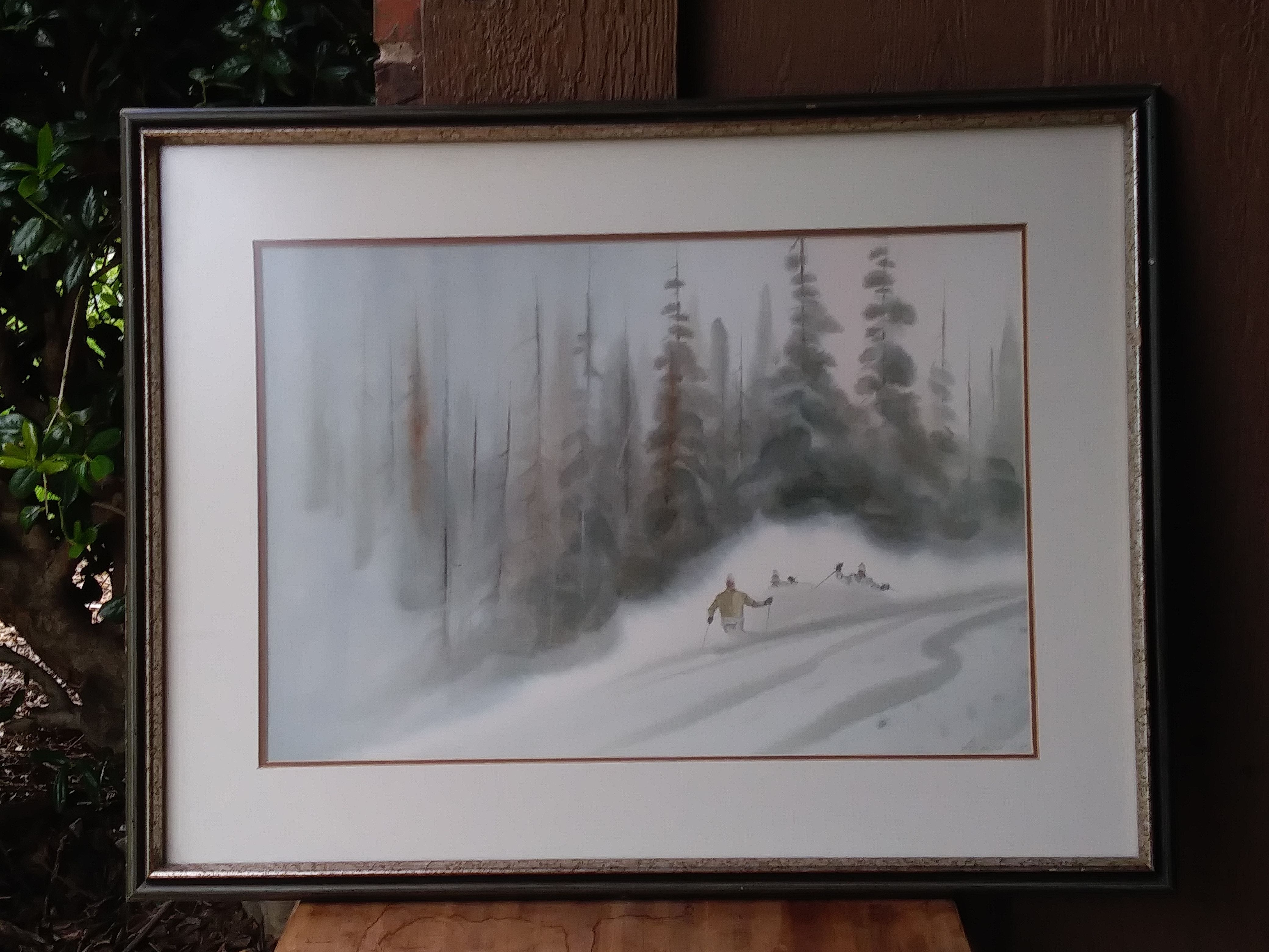 Original Will Bill Alexander watercolor mountain and skiers