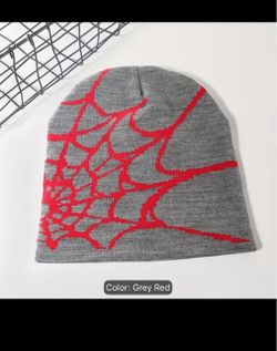 Grey Red Spider Web Knit Beanie