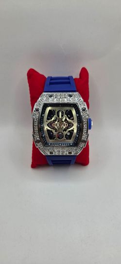 Skeleton Watch with Crystal Bezel Blue Strap