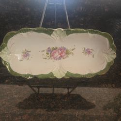 Vintage Floral Porcelain Tray – Green & Gold Border, Small Chip