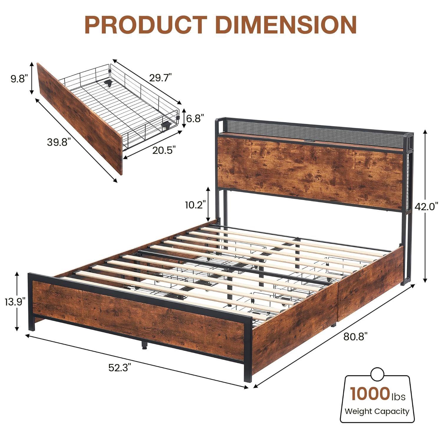 Queen Bed Frame with Storage Headboard, Metal Platform Bed Frame with 4 Storage Drawers, Built in Charging Station & LED, Noise-Free/Metal Support/No