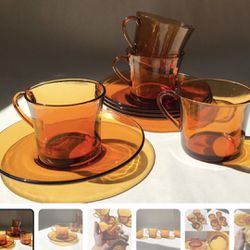 Vintage Duralex Amber Glass Cup and Saucers - Set of 6- Duralex France - Amber Glassware Vermeil