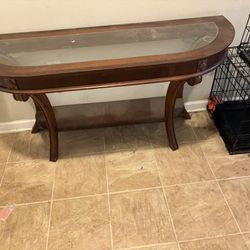 Foyer Entry Way Table - Wood Glass Top . Nice Shape . Firm Price 