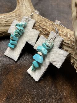 Turquoise Cross Cowhide Earrings