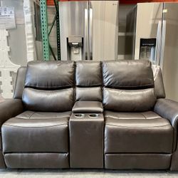 Carey Leather Power Reclining Loveseat with Power Headrests, Brown