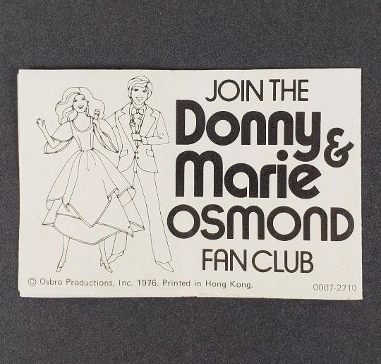 1976 Vintage DONNY & MARIE OSMOND Barbie Doll FAN CLUB REGISTRATION CARD Mattel

